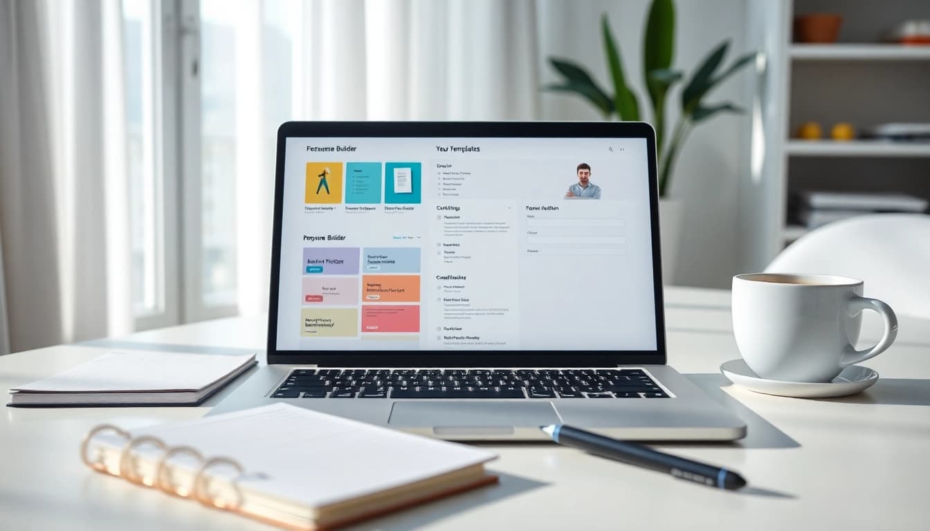 Craft a standout resume with the Resume Builder software showcased on a laptop in a clean workspace.