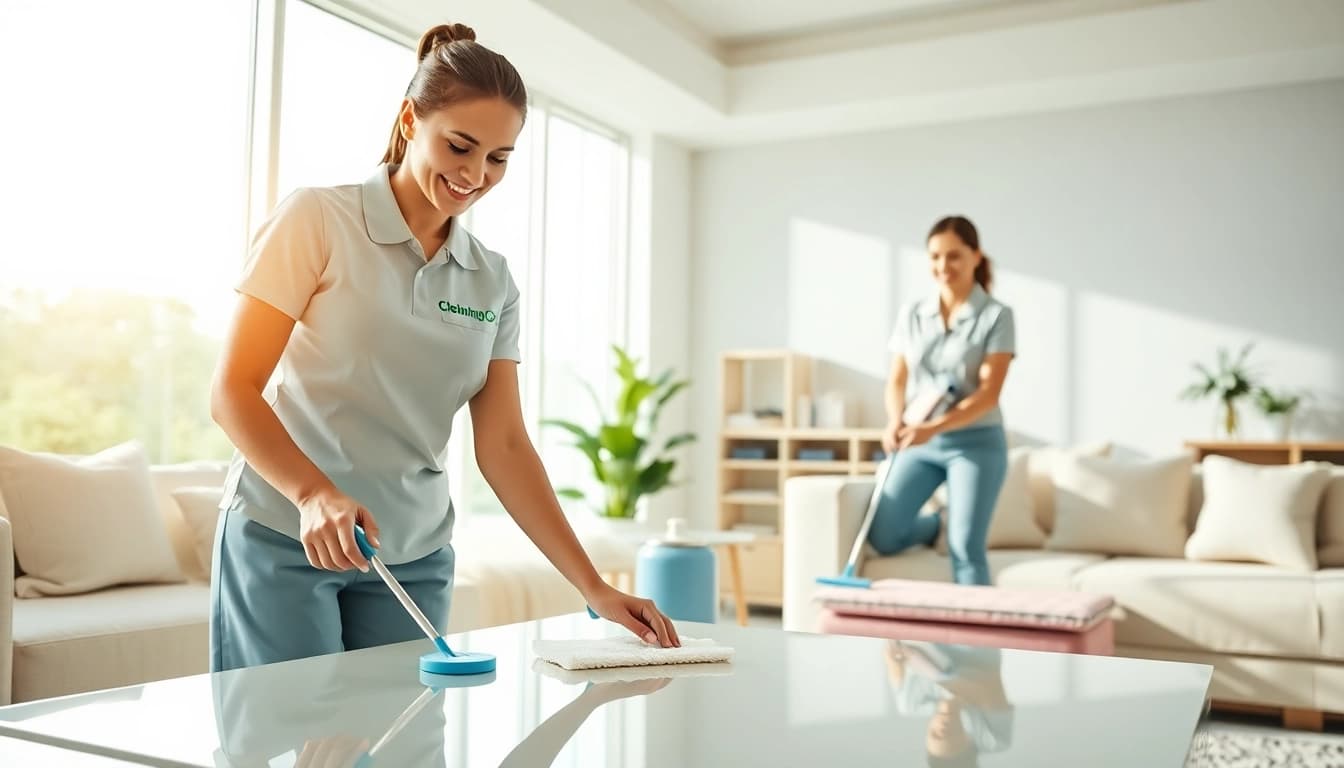Provide a reliable cleaning service with expert cleaners in a bright living room showcasing cleanliness.