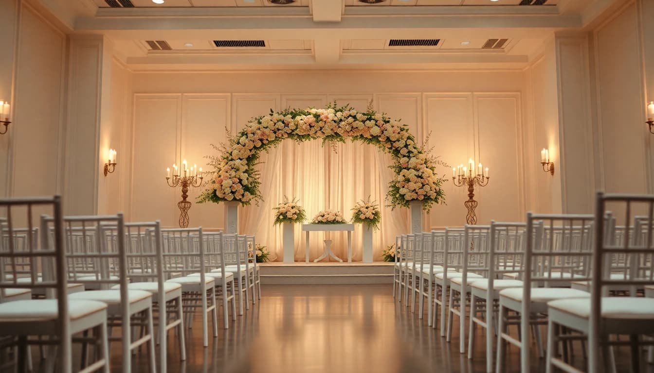 Stunning Wedding Event Space Jacksonville featuring elegant altar, floral decorations, and romantic ambiance.
