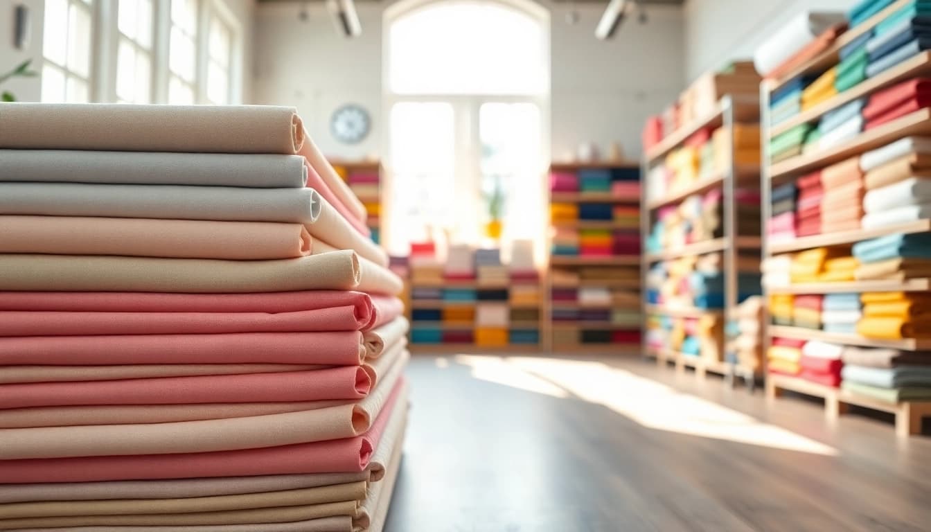 Bekijk goedkope katoen rollen in een kleurrijke stoffenstudio met diverse texturen.