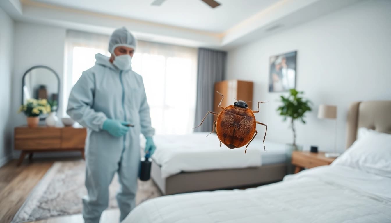 Engaging professional performing bed bug extermination near me in a modern bedroom setting.