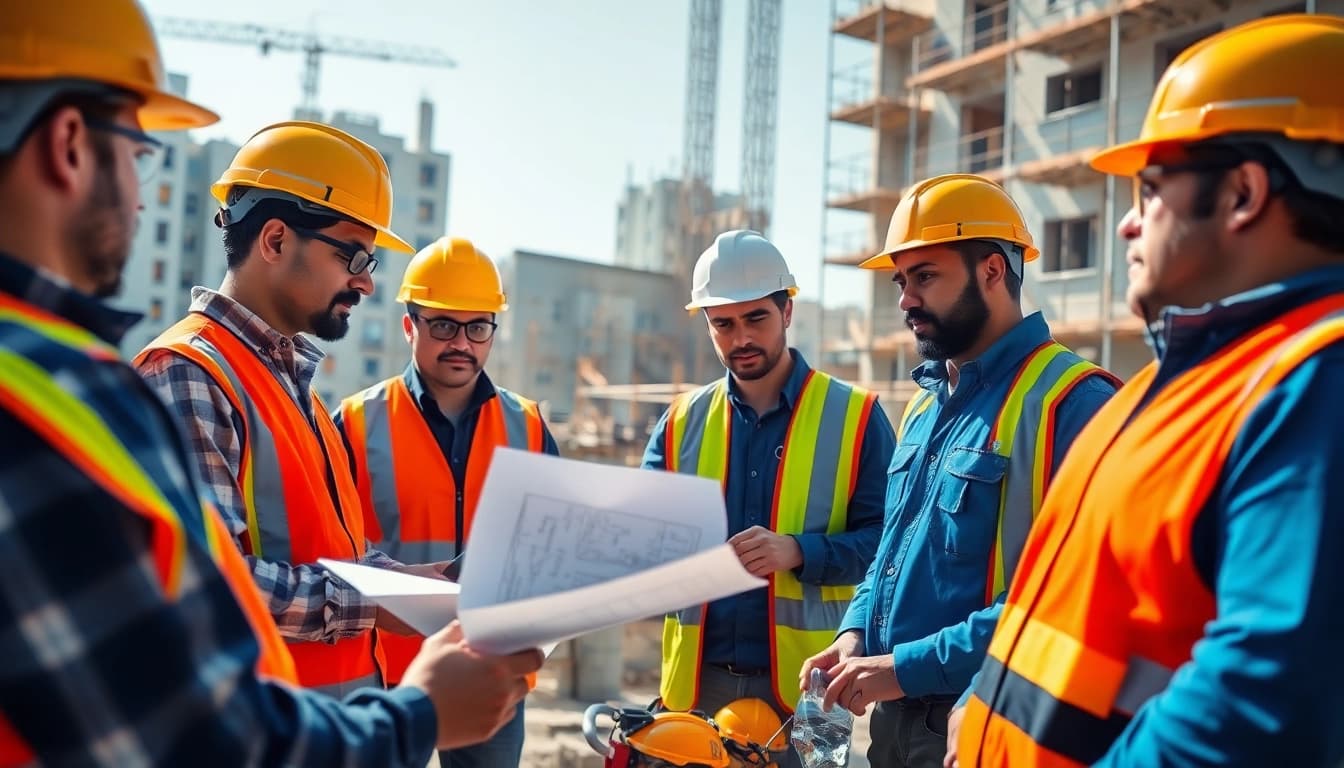 Construction training session featuring workers collaborating with tools and blueprints.