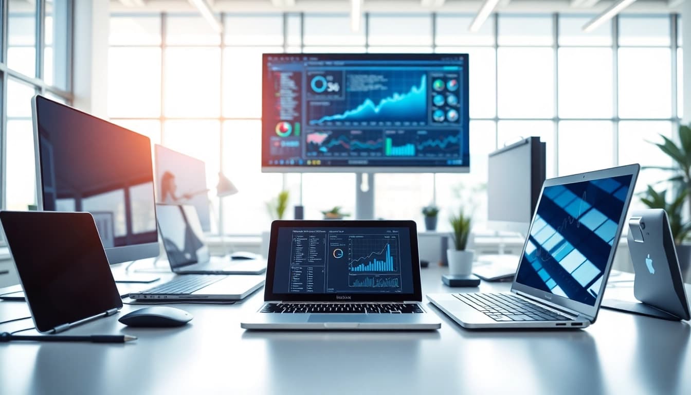 Showcasing technology workspace with modern gadgets and bright atmosphere.
