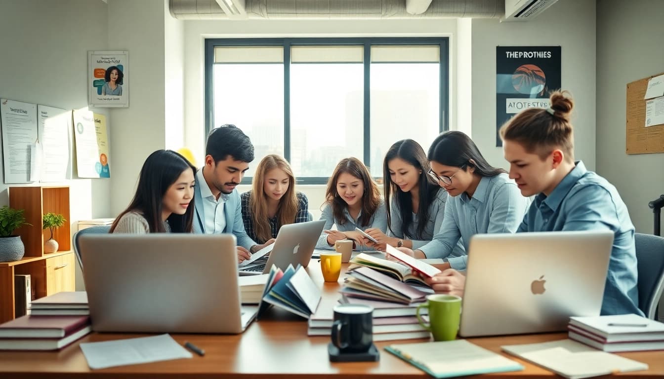 Engaging TOEIC test takers for hire collaborating in a bright, dynamic office setting.