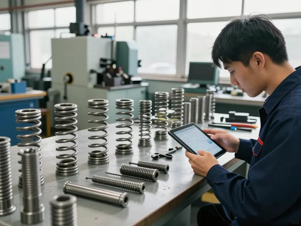 Tehnician evaluând arcurile din otel într-un spațiu de lucru industrial cu unelte și mașini.