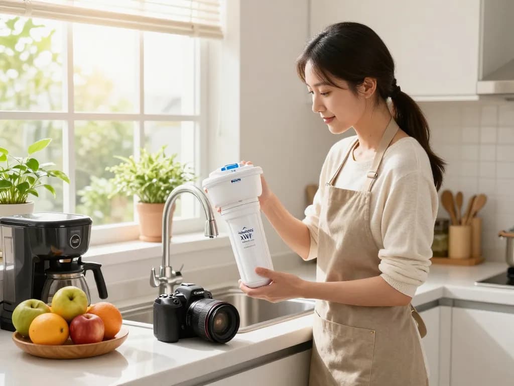 Homeowner replacing the Waterdrop Plus XWF Replacement for GE® XWF filter in a bright kitchen, ensuring clean drinking water.
