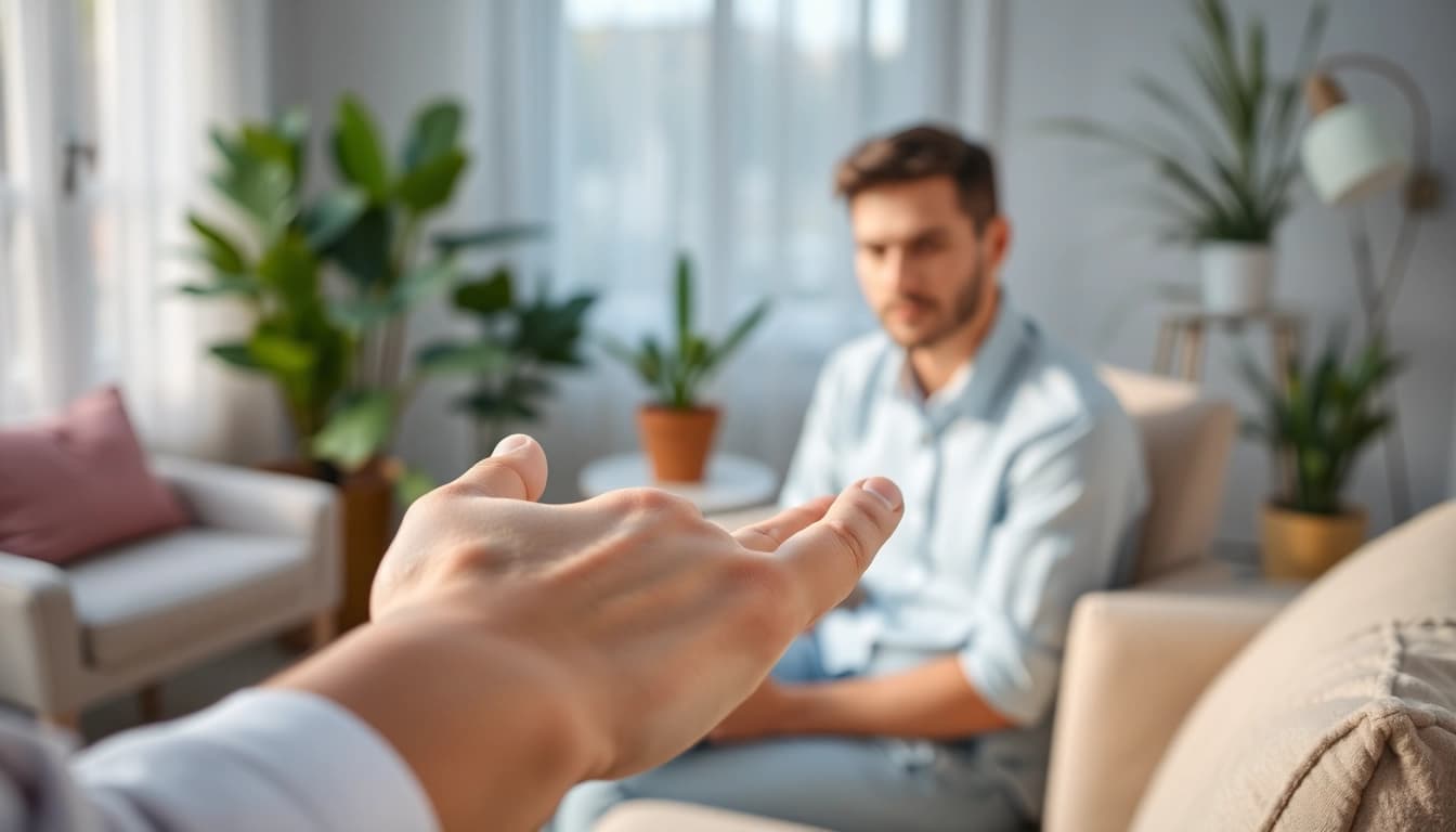 Individual coping with anxiety symptoms in a calming therapeutic setting.