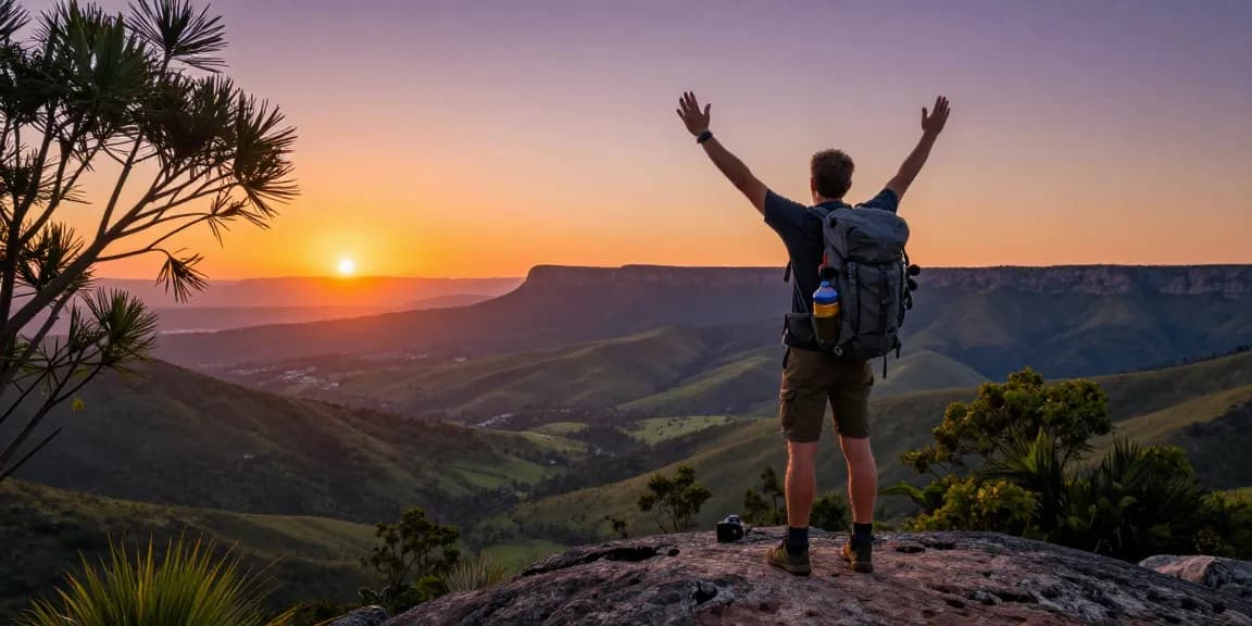 Accommodation Magaliesberg adventure scene at sunset with traveler celebrating breathtaking mountain views.