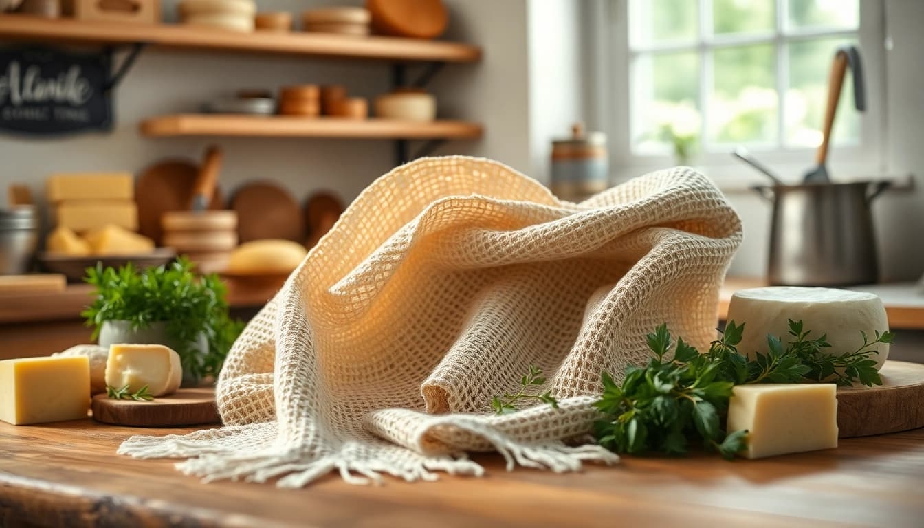Gebruik van een kaasdoek om vers gemaakte kaas te draperen in een elegante keuken.