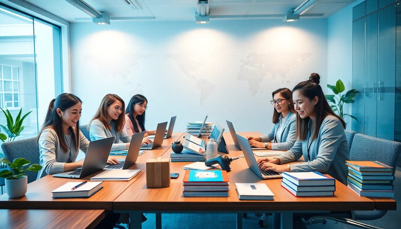 Espace de travail d'une agence de traduction professionnelle illustrant le travail d'équipe dans les services linguistiques, agence de traduction.