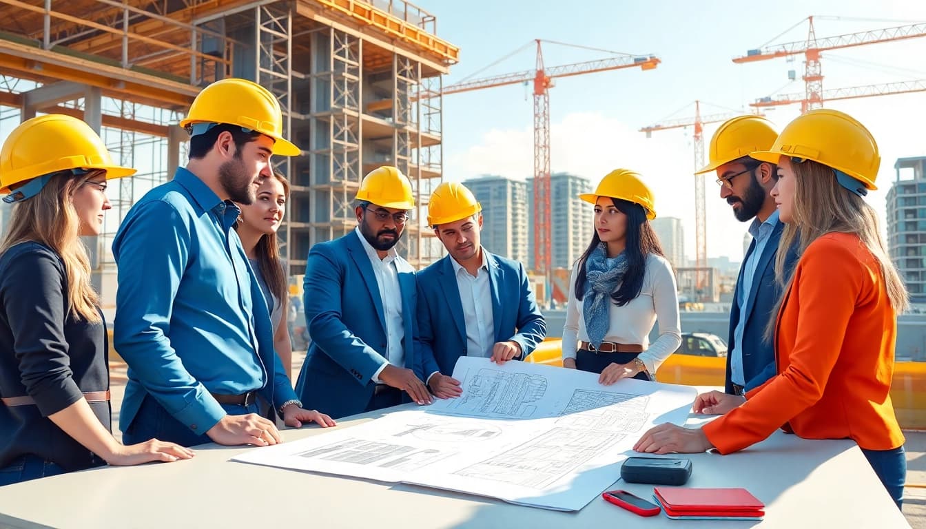 Engaging scene of professionals collaborating on construction advocacy with blueprints at a vibrant site.