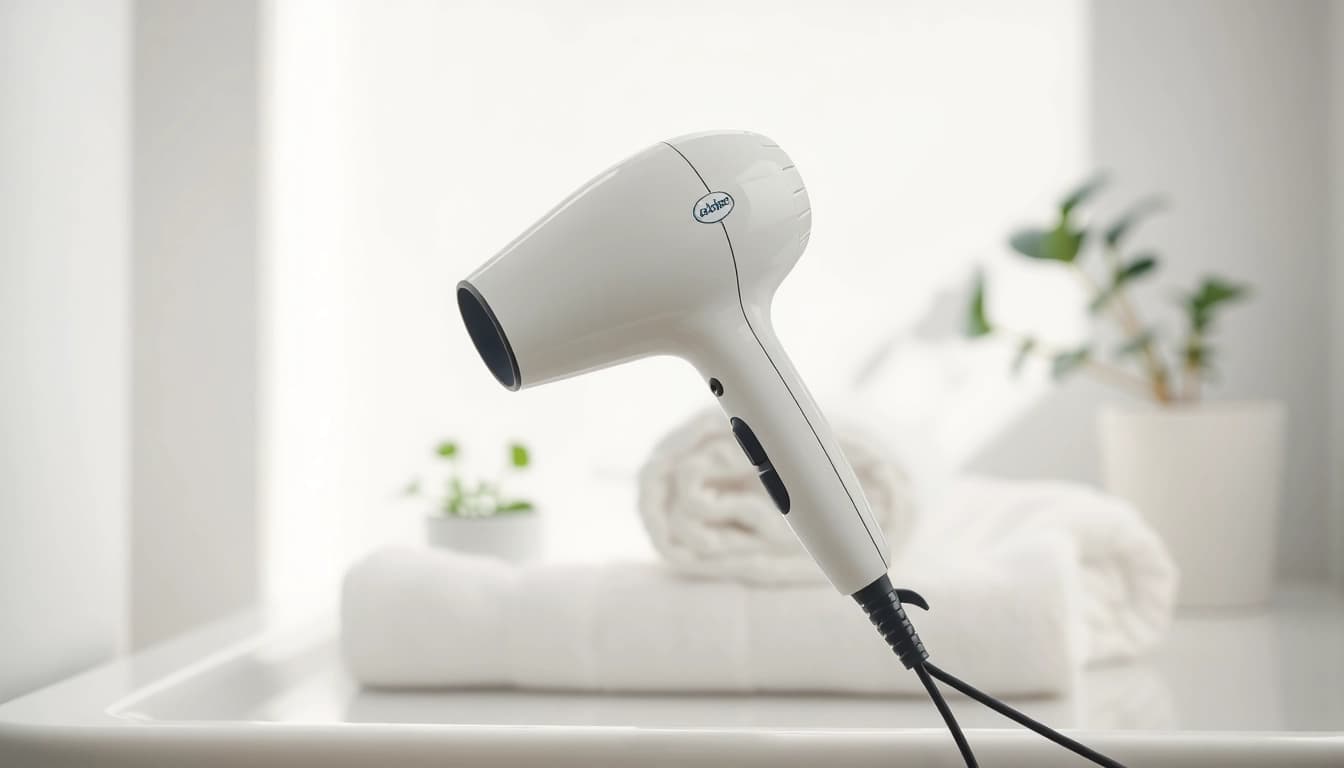 Styled hair dryer for fine hair displayed in an elegant bathroom, emphasizing its sleek design.