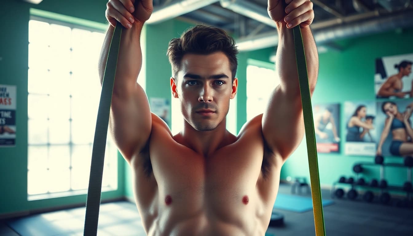 Fit individual using stretch bands for pull-ups in a bright gym setting, showcasing strength.