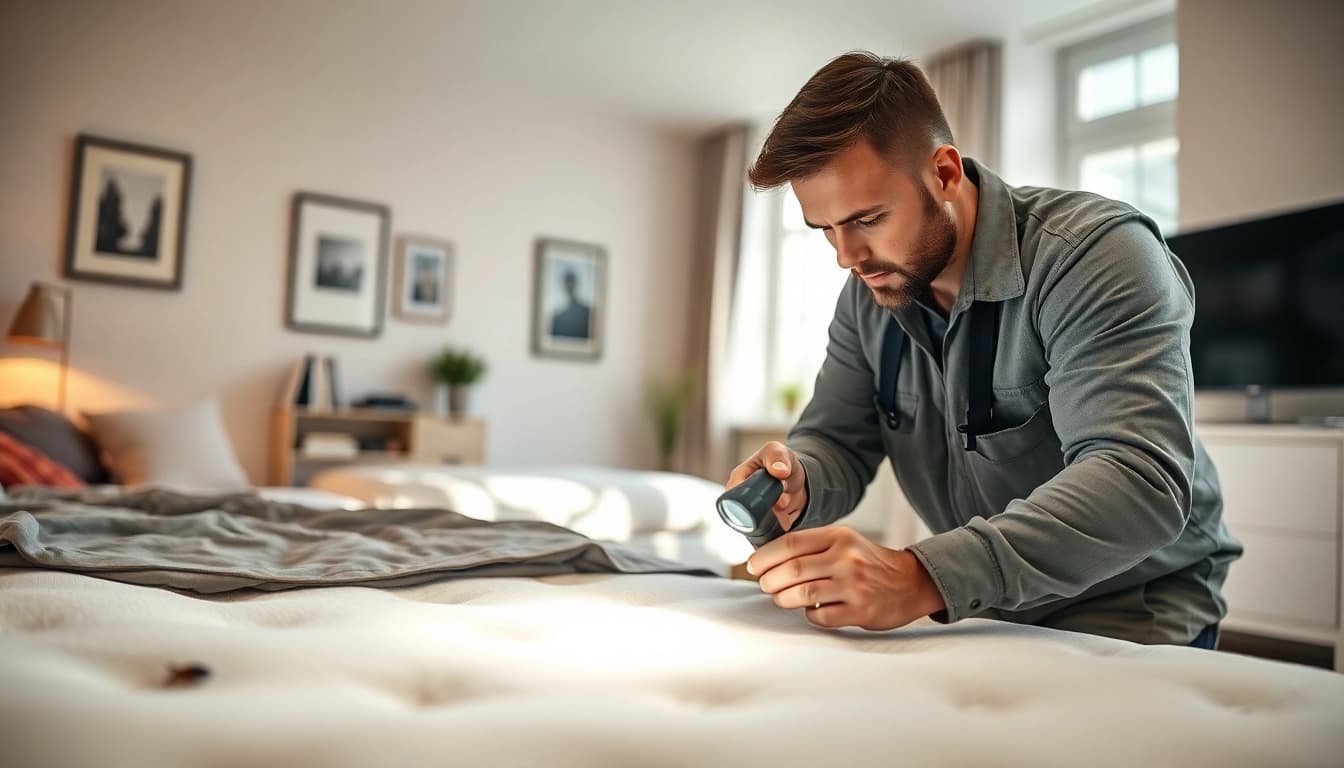 Bed bug extermination near me: A technician performing pest control in a cozy living room setting.
