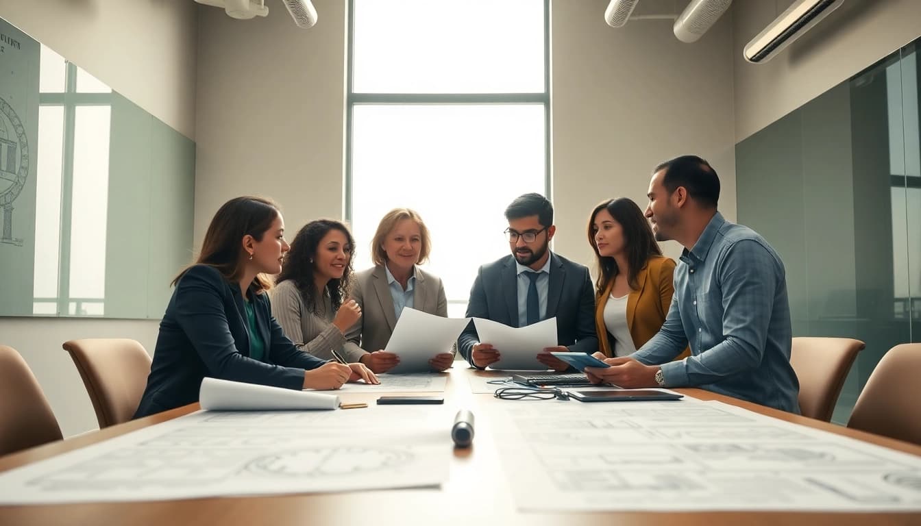 Advocating for construction through a professional meeting, emphasizing teamwork.