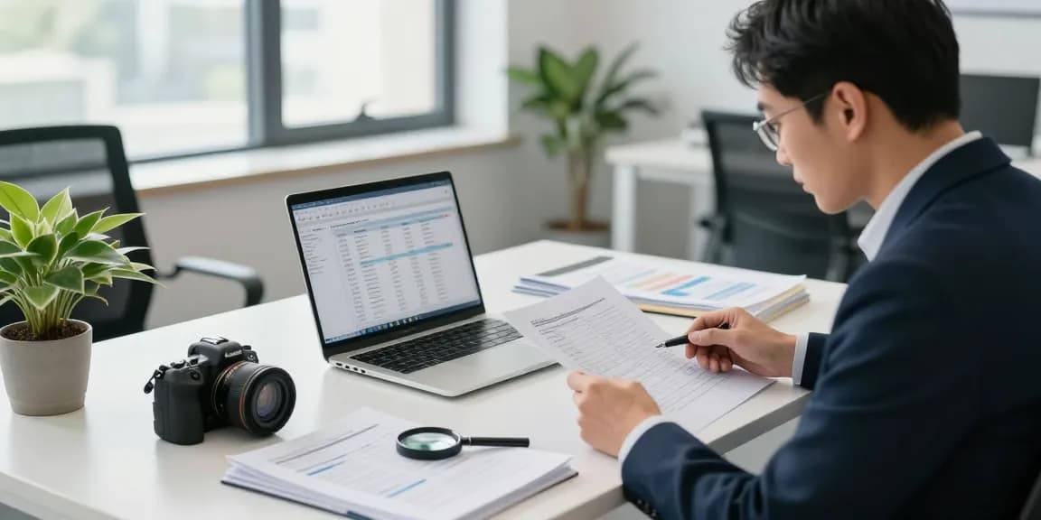 Gambar aafikotadepok.org menunjukkan auditor forensik yang sedang menganalisis dokumen di kantor modern.