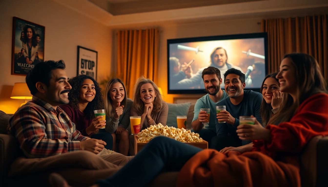 ชมภาพการดูภาพยนตร์จาก 7-hd.com ในบ้านอันอบอุ่นกับเพื่อน ๆ ที่มีความสุข