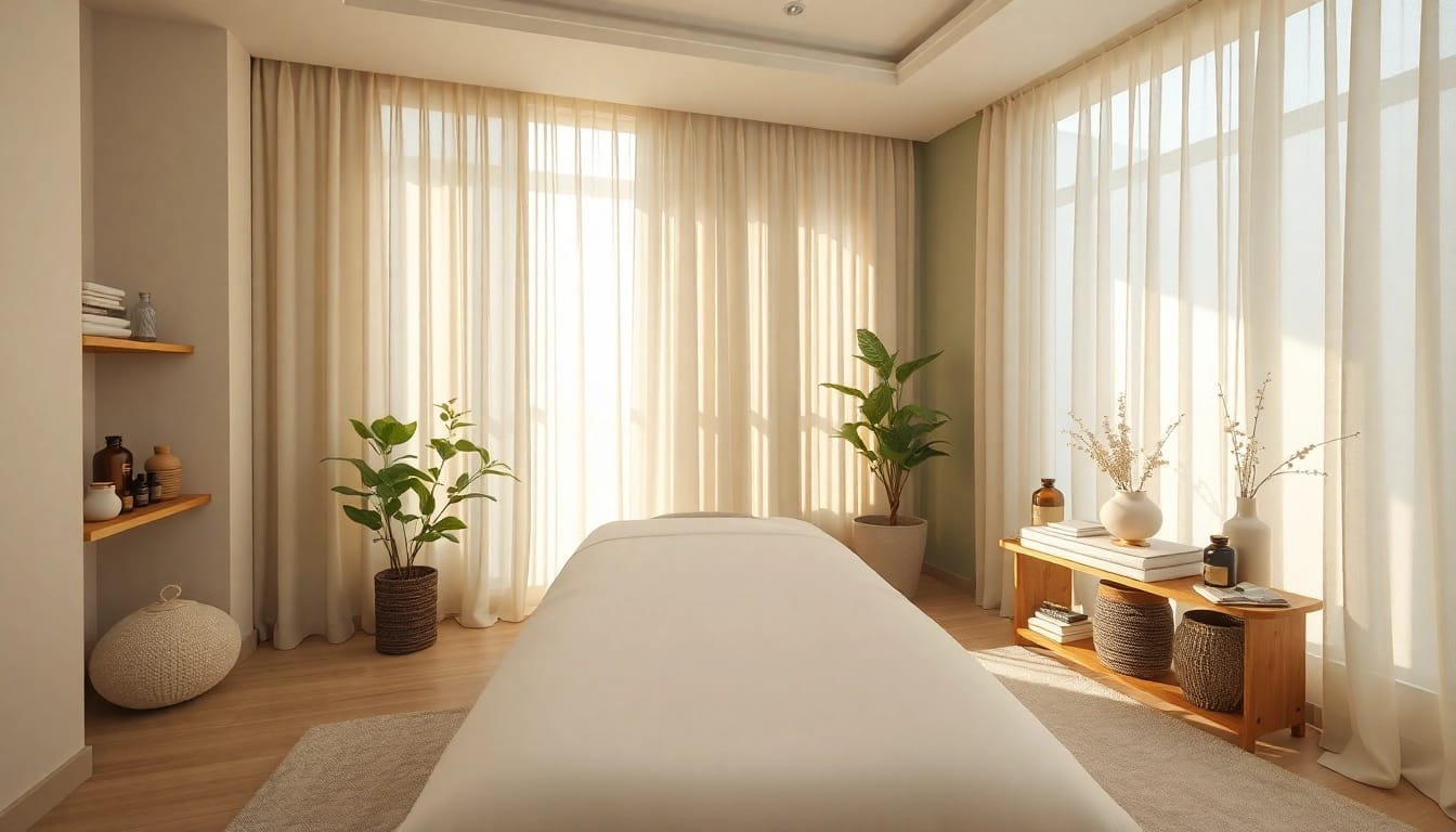 자연광과 차분한 장식이 어우러진 평화로운 마사지 설정을 갖춘 수원 마사지 치료실