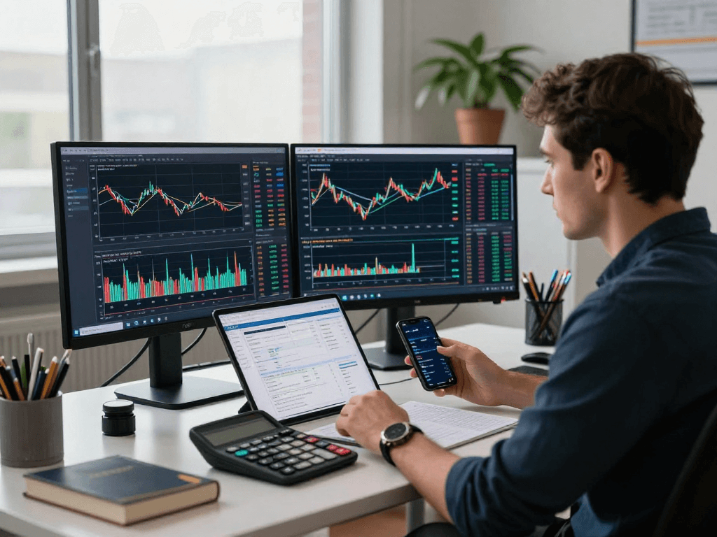 TradingView trading workspace with multiple screens displaying charts, alerts, and trading strategies in a modern office setting.