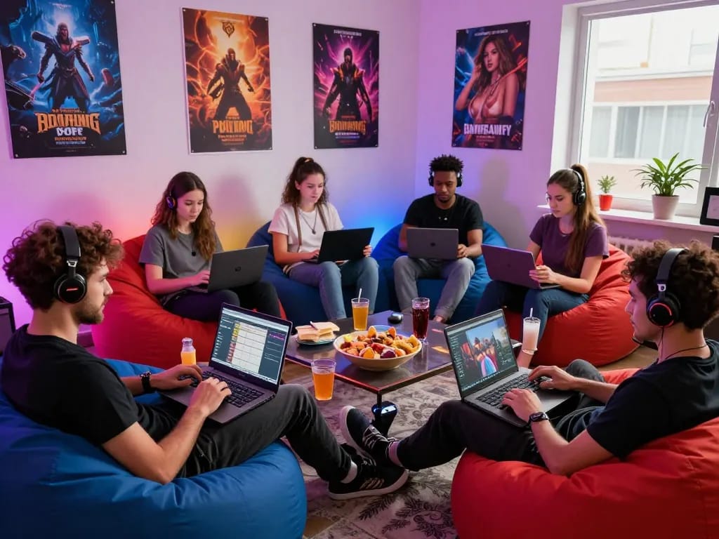 Engaged gamers playing diverse sex games online in a vibrant gaming nook with immersive environments.
