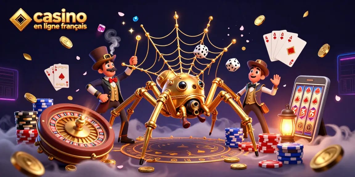 Illustrez le jeu avec "casino en ligne francais", une araignée steampunk capturant des dés chanceux.