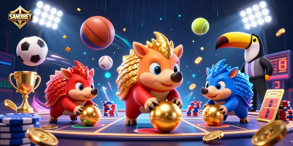 SANDIBET pangolins compete in a dynamic casino scene with poker chips and sports balls.