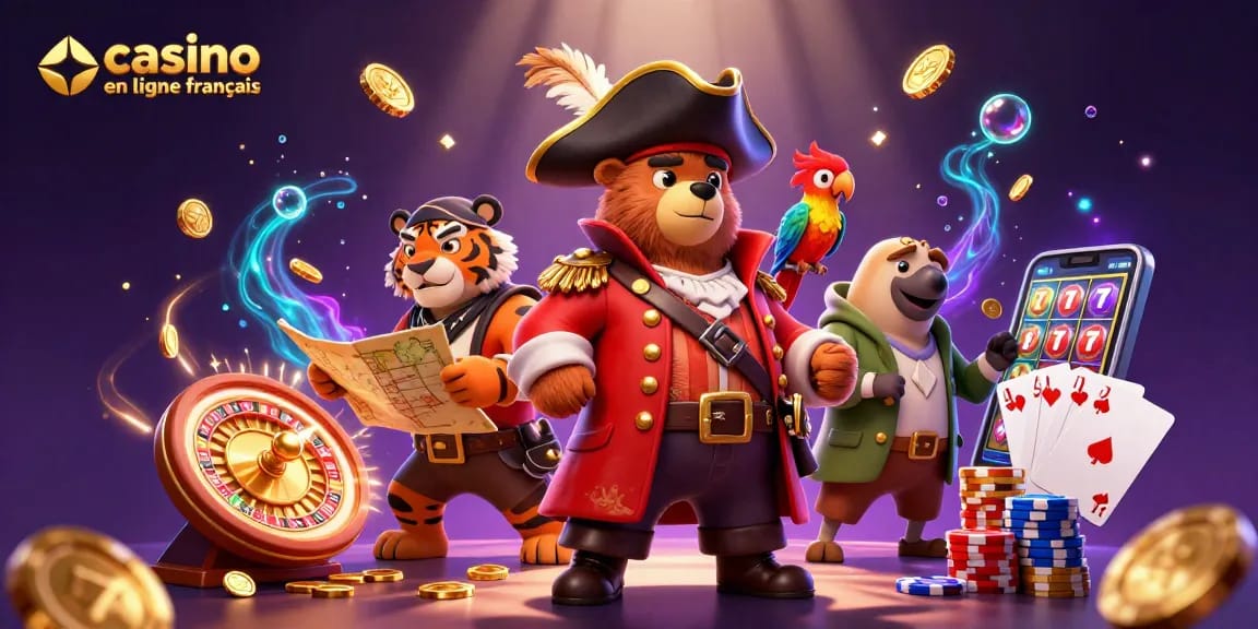 Casino en ligne français : image dynamique d'un ours pirate et un tigre amiral avec des éléments de jeu.