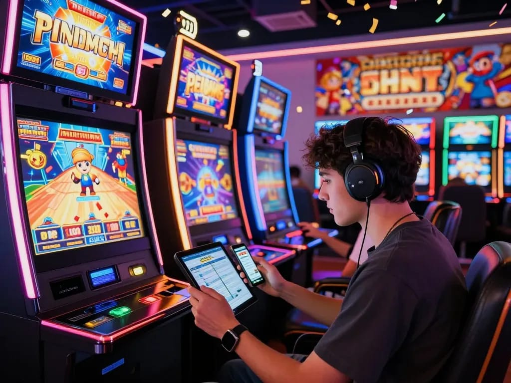 Pemandangan permainan yang menarik dari slot gacor hari ini dengan pemain yang terlibat dalam suasana kasino yang hidup.