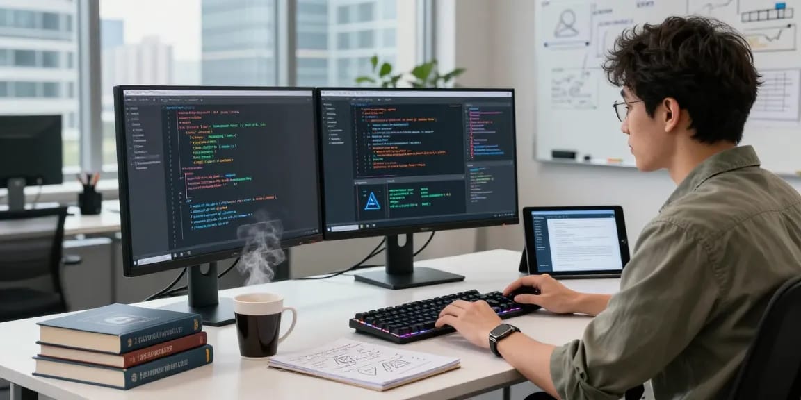 Scene showcasing a software engineer's workspace focused on crush on ai development and coding, with monitors and tech resources visible.