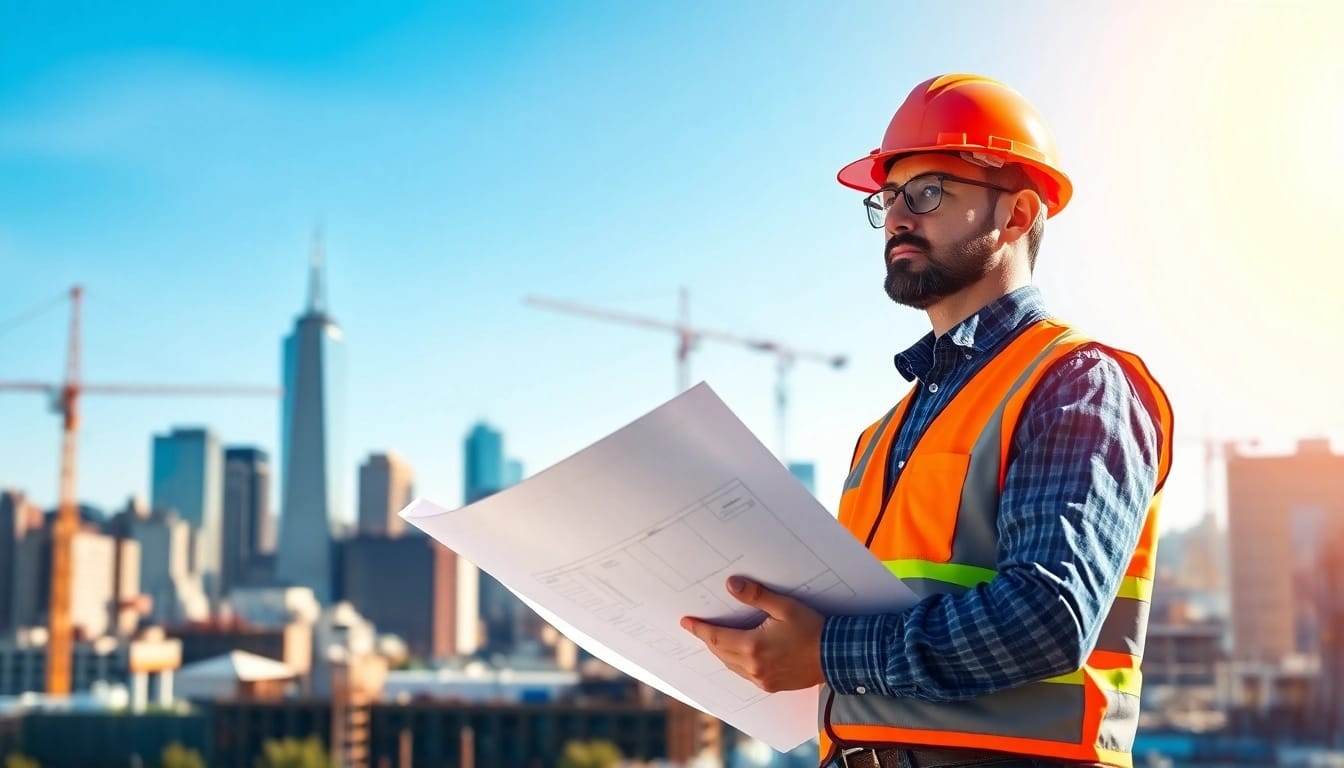 Manhattan Construction Manager reviewing plans on an active construction site in Manhattan.