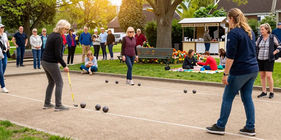 Permainan petanque di fopikotabitung.org dengan suasana ceria, pemain dan penonton berinteraksi di taman lokal.