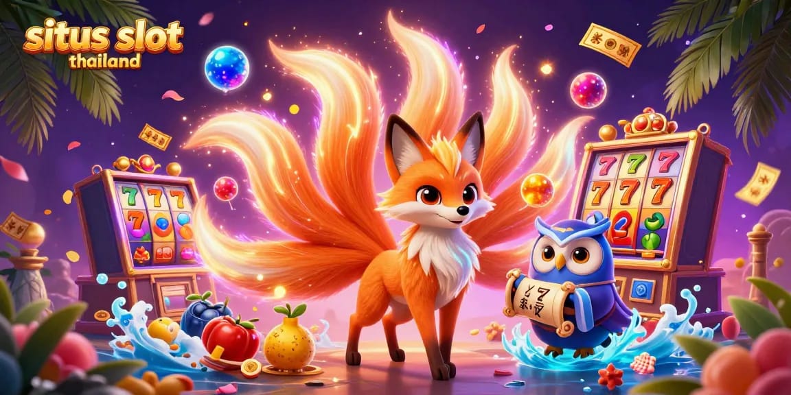 Situs slot thailand showcases a vibrant 3D scene with a glowing fox spirit and slot game elements filled with exciting visuals.