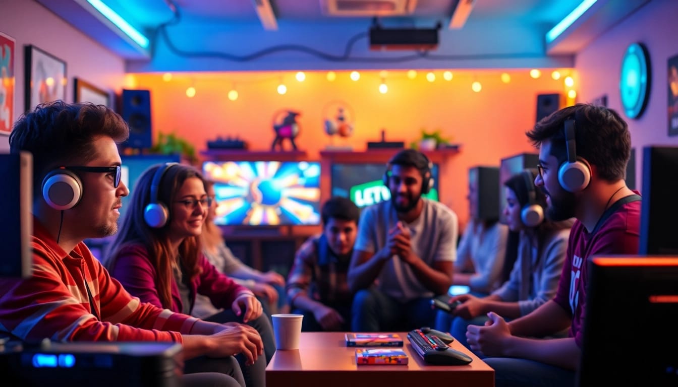 Gamers enthusiastically debating game reviews in a vibrant gaming setup.