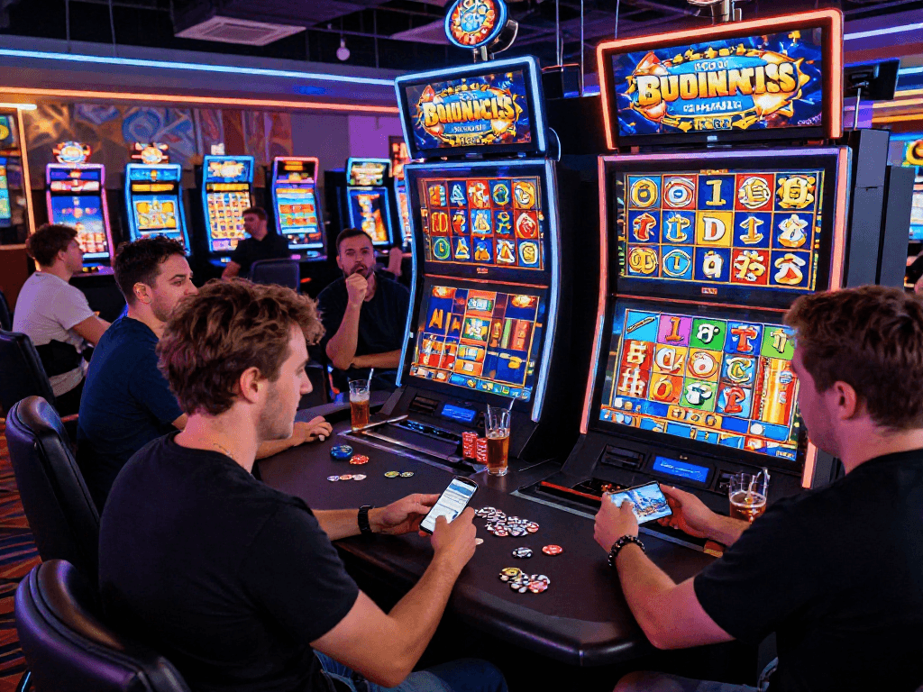 Enthusiastic players enjoying bonus buy slots in a vibrant online casino environment with colorful slot machines.