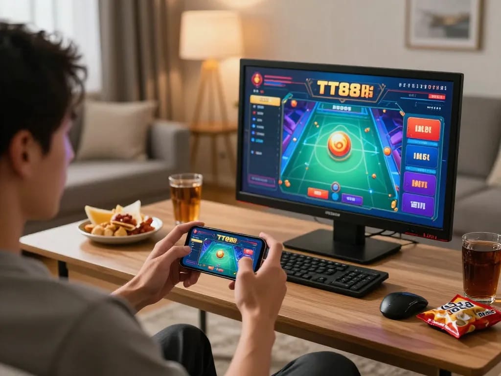 Enjoying TT88 online casino games on a smartphone in a cozy living room setting