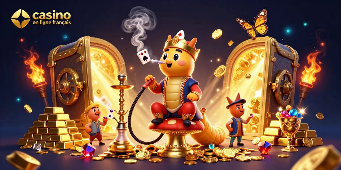 Visualisez l'excitation du casino en ligne français avec le maître narguilé dans un décor extravagant.