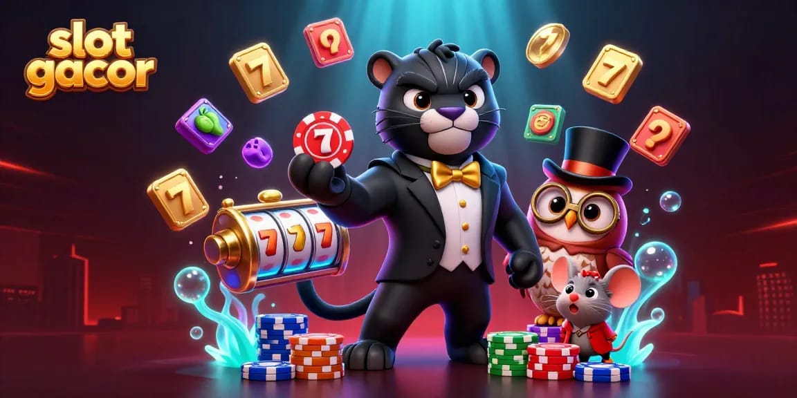 Experience thrilling slot gacor action with a stylish panther dealing cards in an enchanting casino scene.