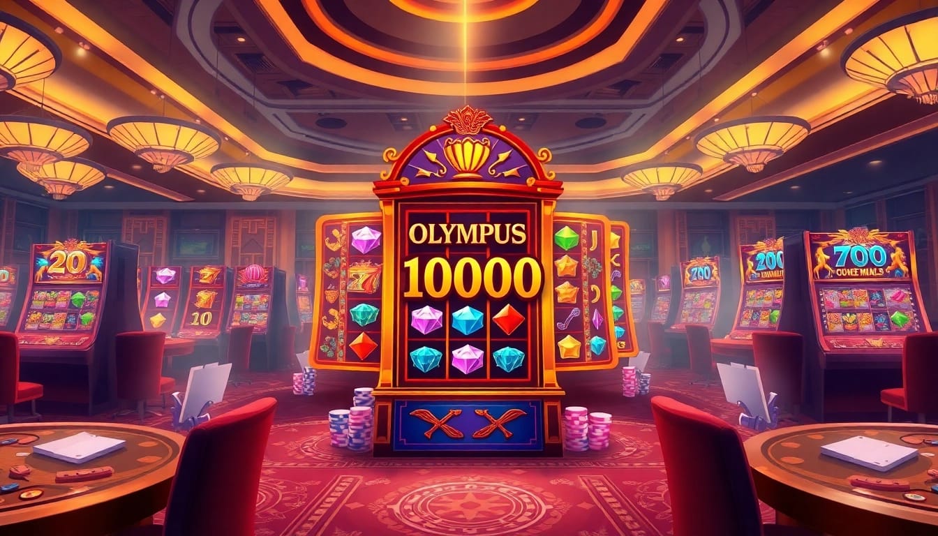 Para pemain berinteraksi dengan mesin slot Olympus 1000 yang mendebarkan di lingkungan kasino mewah.