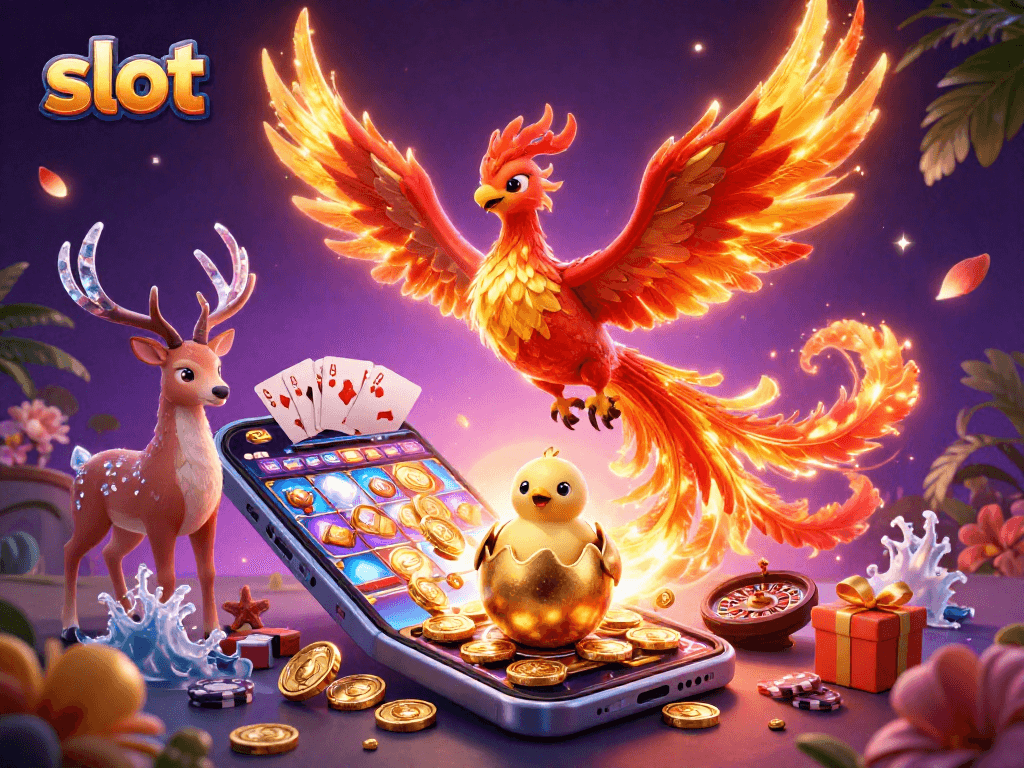 Spin the slot reels with an impressive phoenix and casino elements exploding in gold.