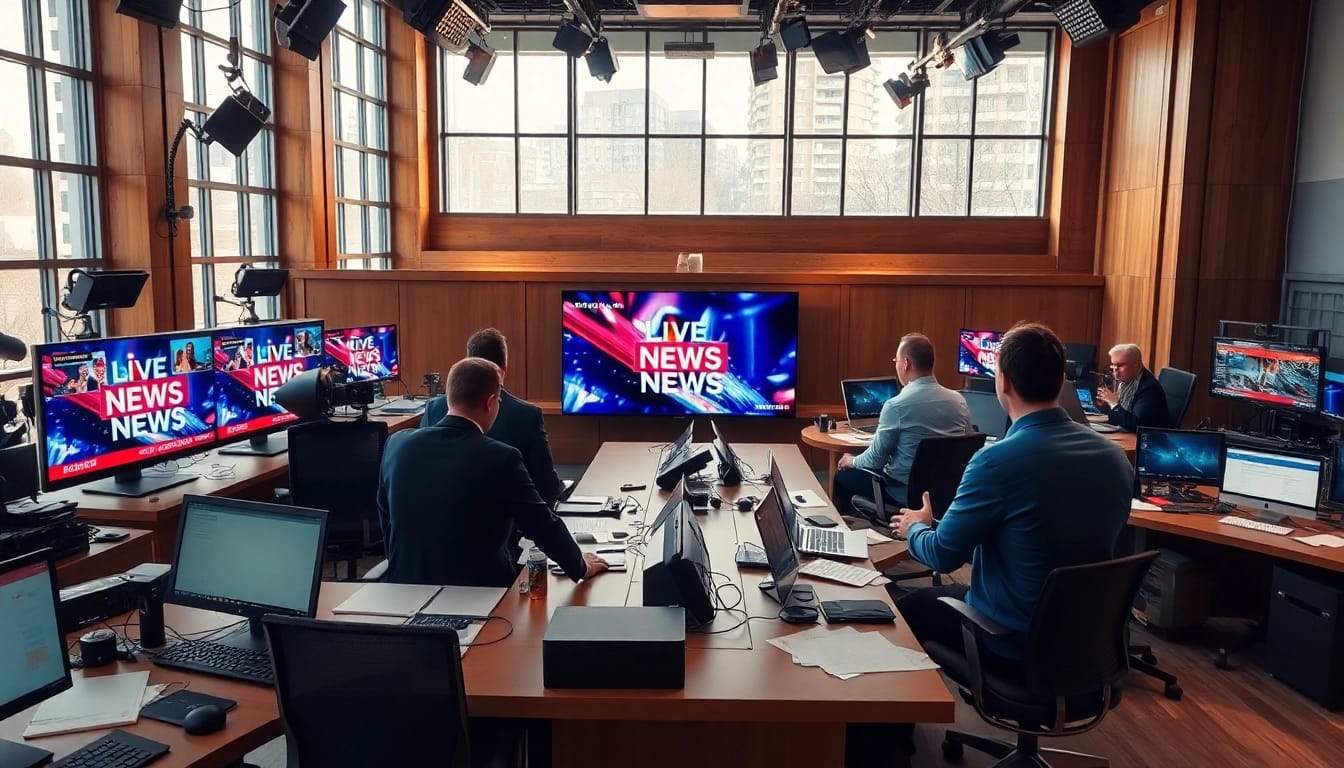 Covering news stories in a lively newsroom environment with active journalists.