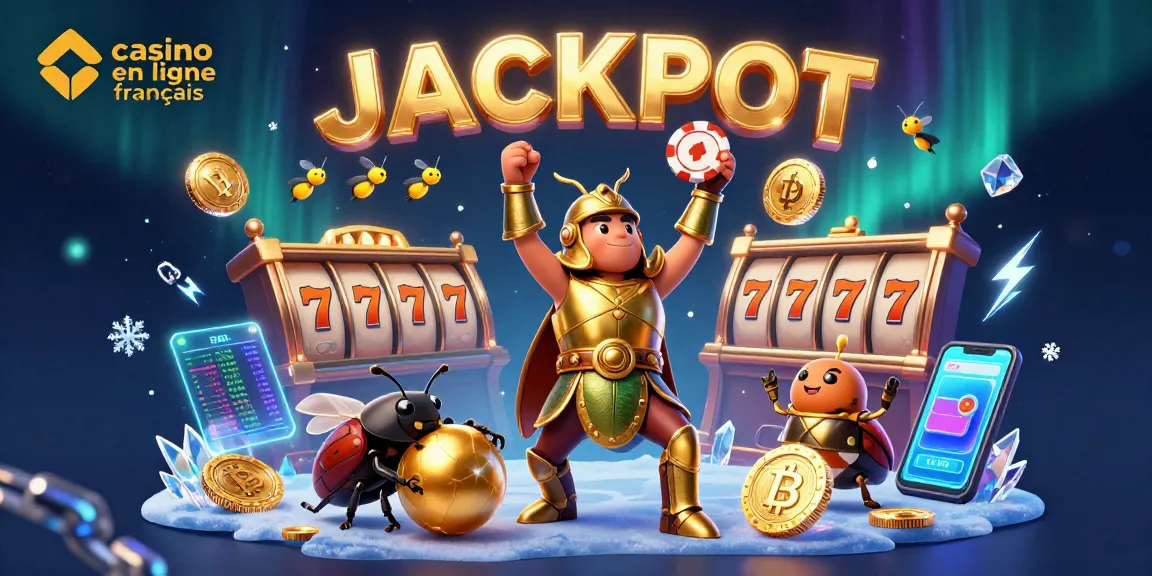 Déclenchez le casino en ligne français avec un jackpot gagnant illustré par un scarabée et des lumières scintillantes.