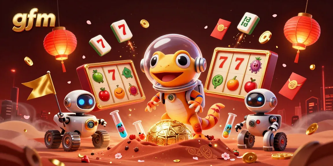 gfm showcases a Martian gecko in a cosmic casino scene filled with vibrant slot reels and exciting symbols