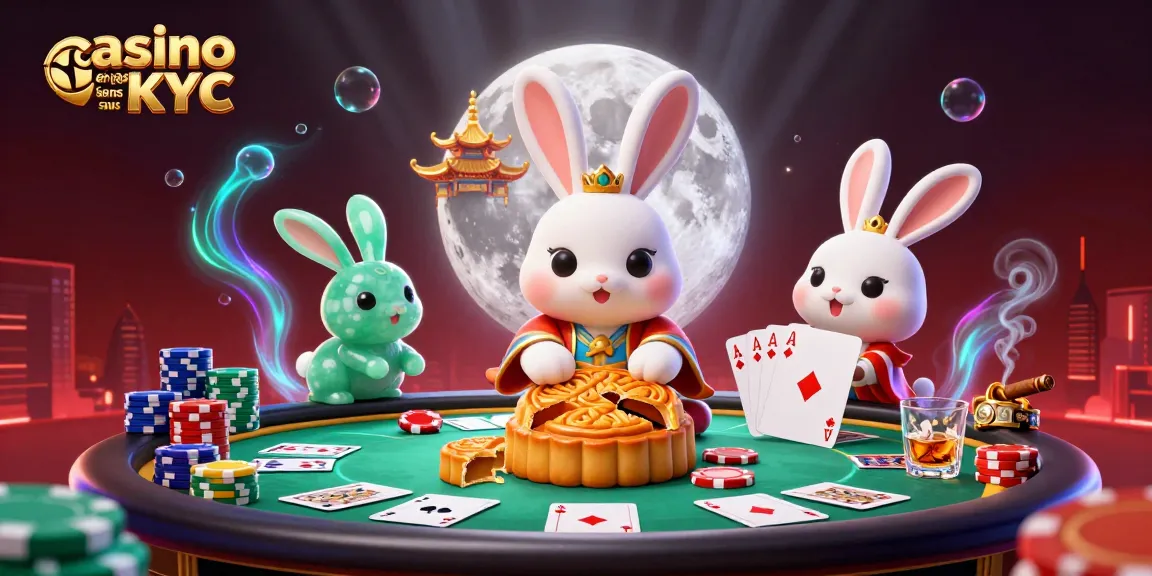 Illustration dynamique de l'illustration casino en ligne sans KYC, avec un lapin lunaire jouant aux cartes.