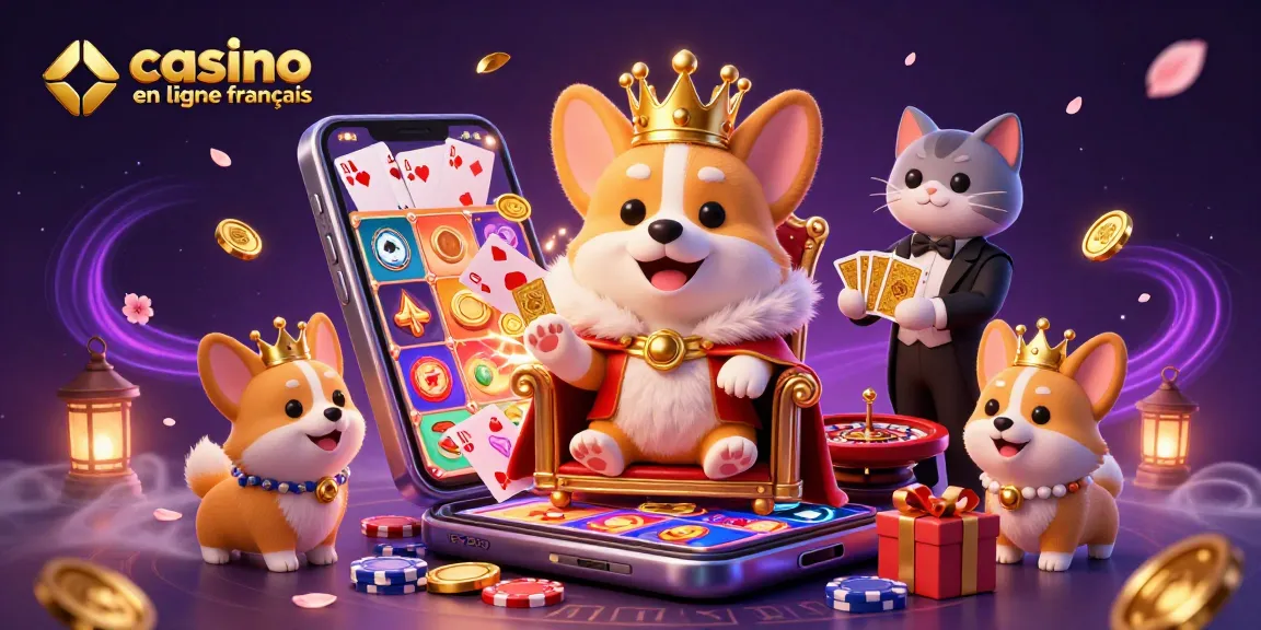 Vivez l'expérience du casino en ligne français avec un corgi royal entouré de jeux de casino colorés.
