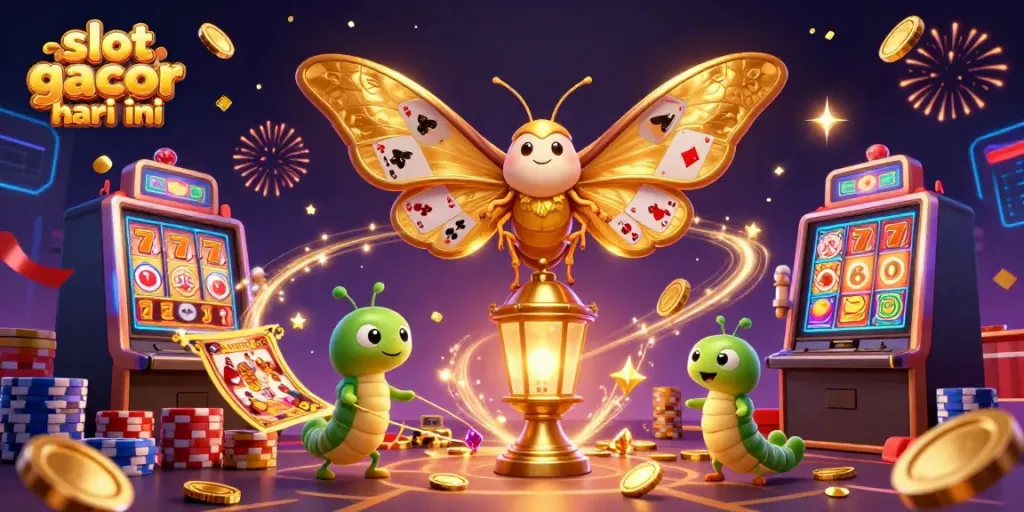 Permainan slot gacor hari ini menampilkan karakter kupu-kupu 3D berkilau dengan elemen kasino yang menarik.