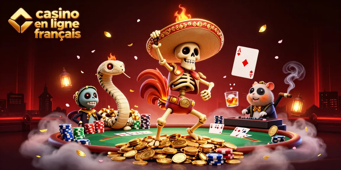 Illustration dynamique d'un casino en ligne français, mettant en scène un rooster mariachi et un DJ hamster dans une ambiance festive.