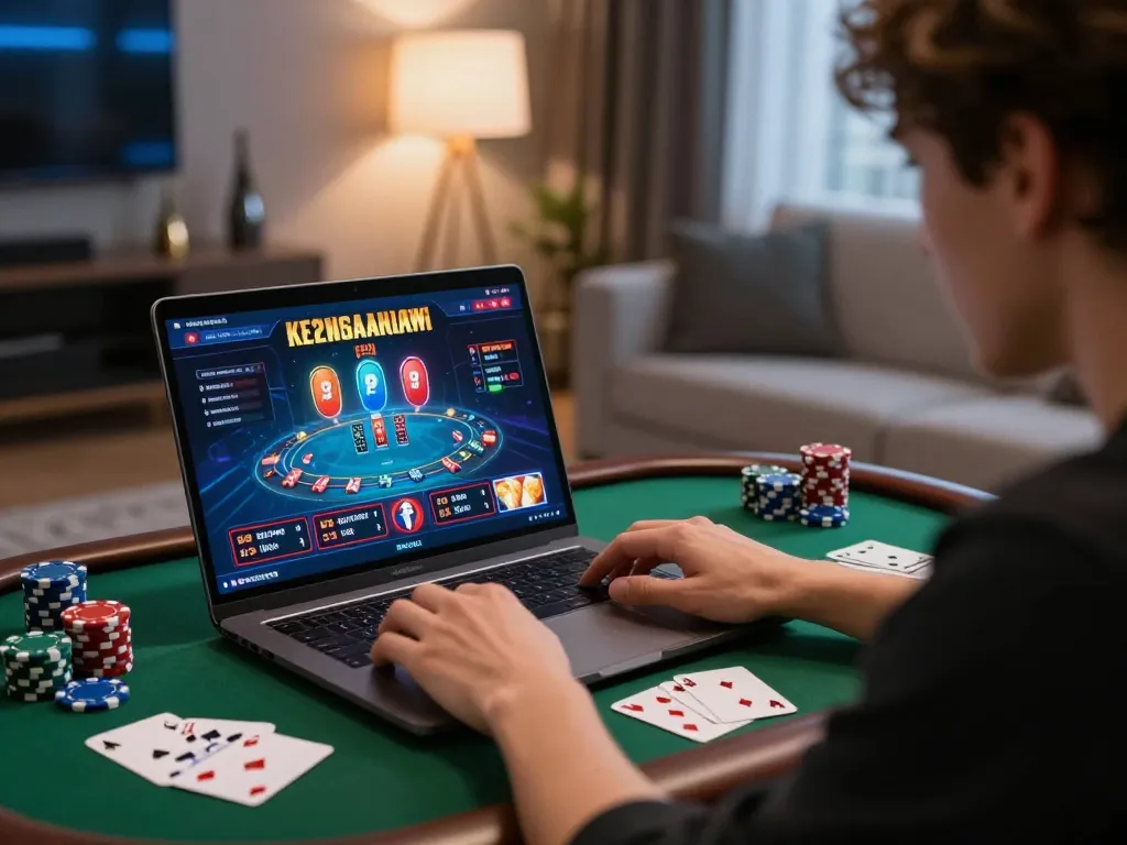 Immersive online gaming scene showing casino esteri che accettano italiani with player engaged on laptop, chips, and cards visible