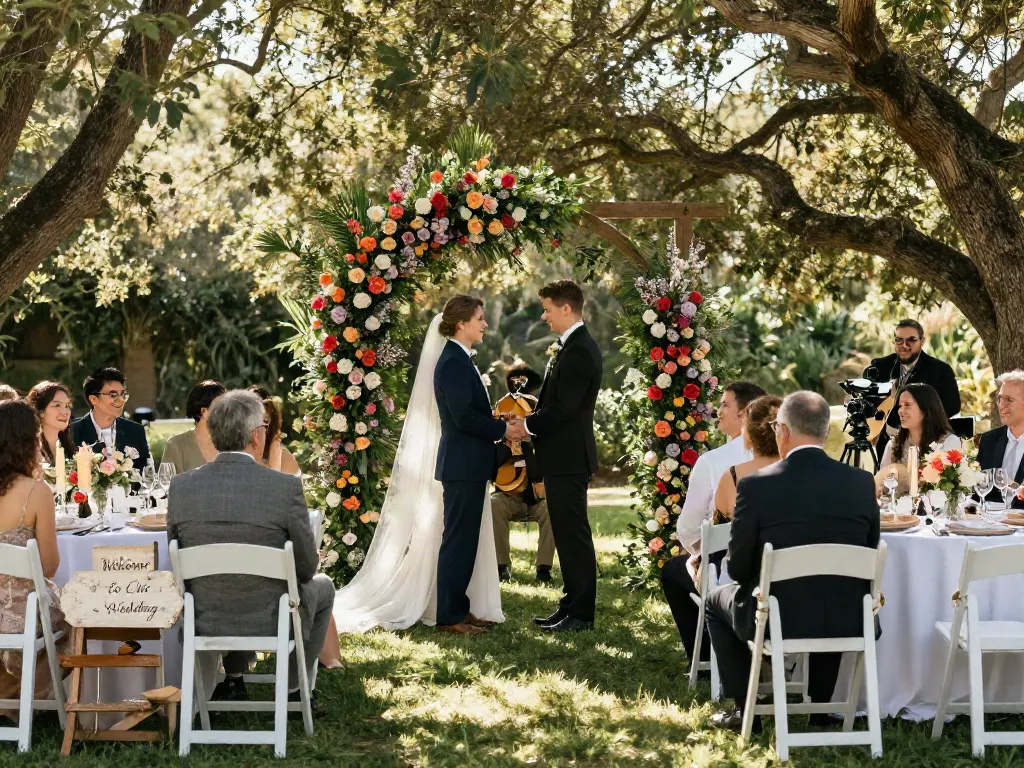 Event rentals for an outdoor wedding ceremony with a beautiful floral arch and guests seated.