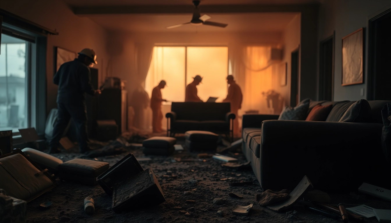 Assessing personal property damage during fire with charred items and cleanup efforts