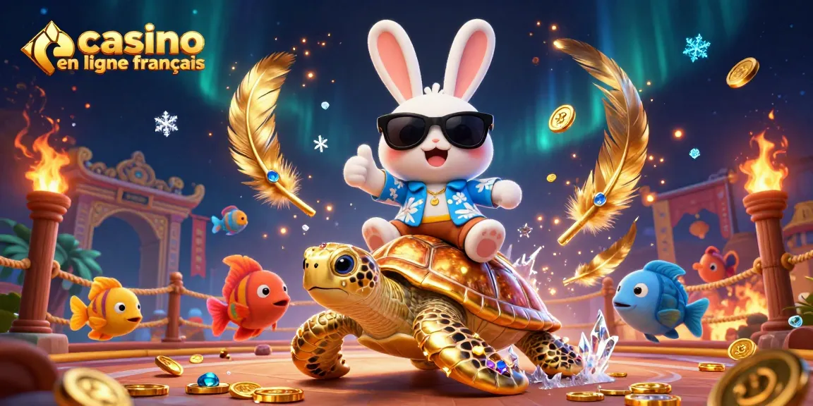 Visuel dynamique faisant la promotion de casino en ligne français avec un lapin chanceux et une tortue dorée.